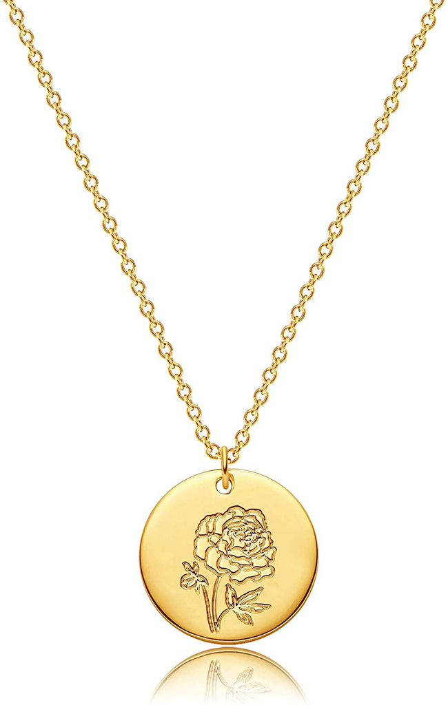 MEVECCO Birth Flower Necklace 18K Gold Engraved Custom Floral Pendant Necklaces Dainty Birth Month Flower Disc Charm Hand Stamped Flower Disk Necklace Personalized Jewelry Birthday Gift for Her