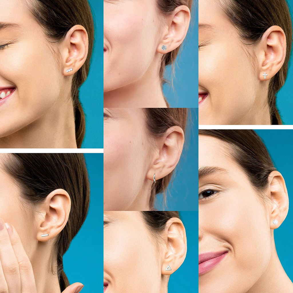 Stud Earrings for Women Hypoallergenic Surgical Stainless Steel Earring Cubic Zirconia Titanium Ear Rings for Sensitive Ears, Flat Backed, Silver