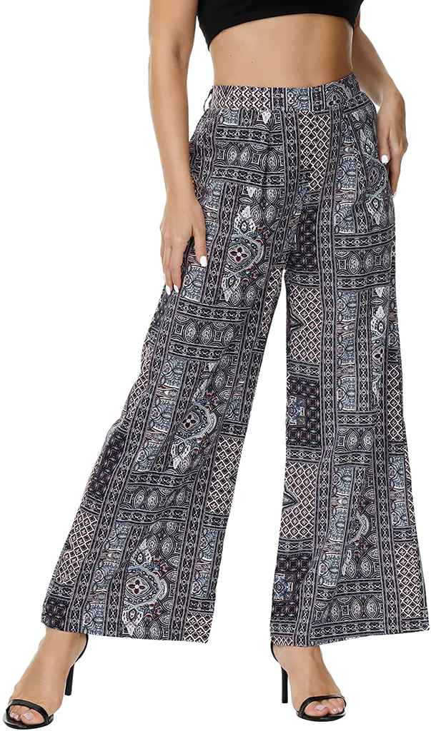 Zexxxy Womens Paisley Printed Wide Leg Pants Elastic Waist Casual Trousers with Pockets Loose Comfy Bottoms