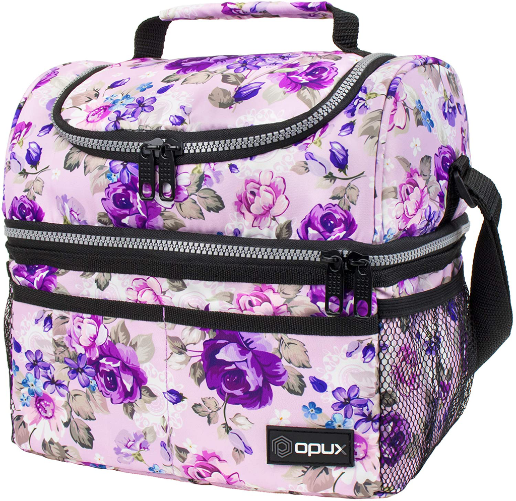 Insulated Dual Compartment Lunch Bag for Women, Ladies | Double Deck Reusable Lunch Box Cooler with Shoulder Strap, Leakproof Liner | Medium Lunch Pail for School, Work, Office (Floral Purple)