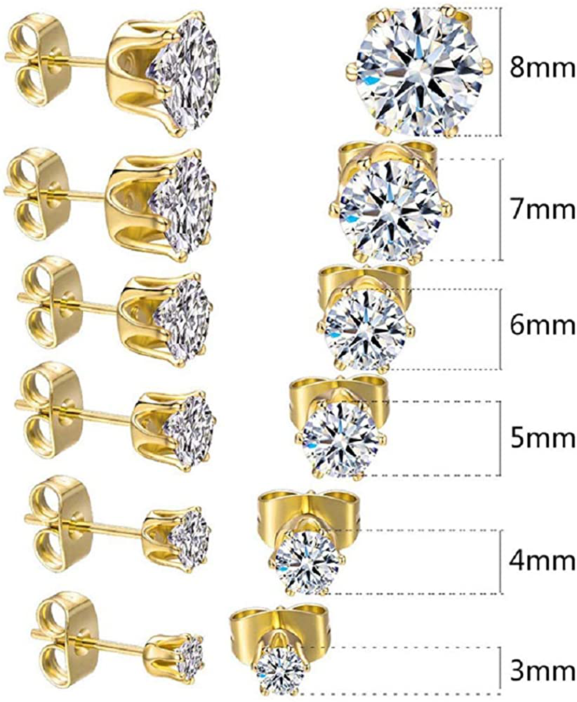 6 Pairs 18K Gold Plated CZ Stud Earrings Simulated Diamond Round Cubic Zirconia Ear Stud Set 3mm-8mm