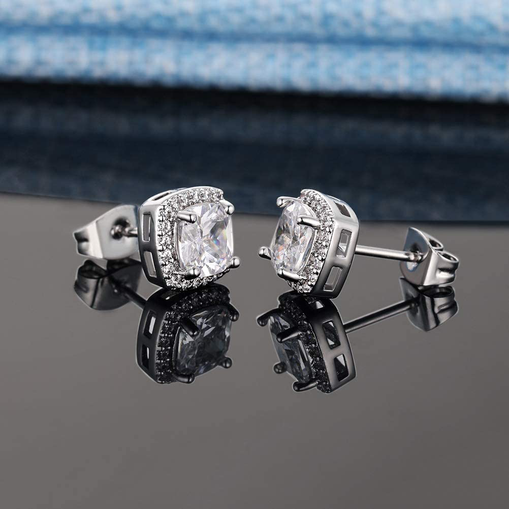 18K White Gold Plated Round Square Cubic Zirconia Simulated Diamond Halo Stud Earrings (2 Pairs)