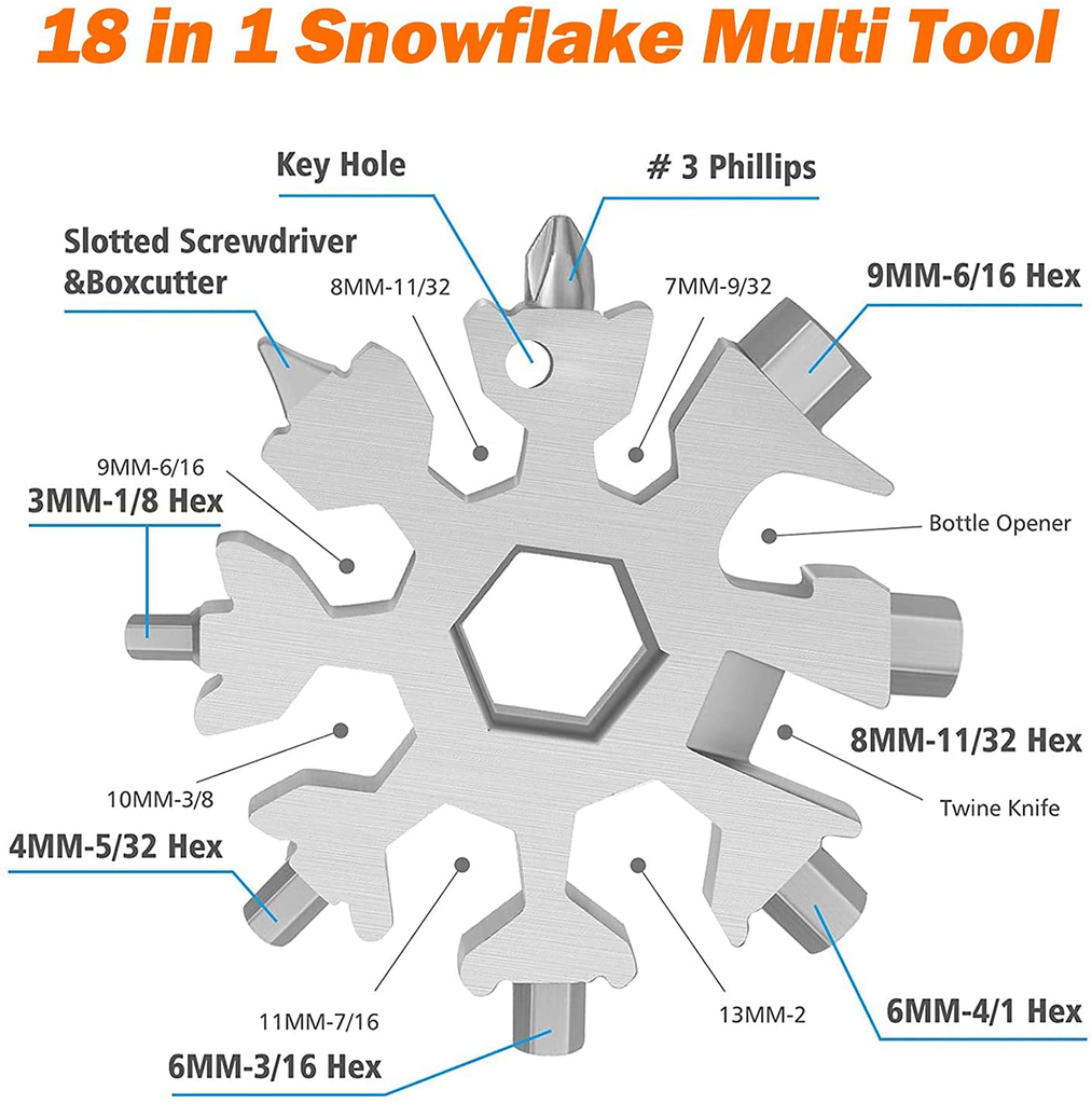 18-In-1 Snowflakes Multi Tool, Stainless Steel Keychain Multitool Portable Snowboarding Screwdriver -Bottle Opener for Christmas Gift for Mens