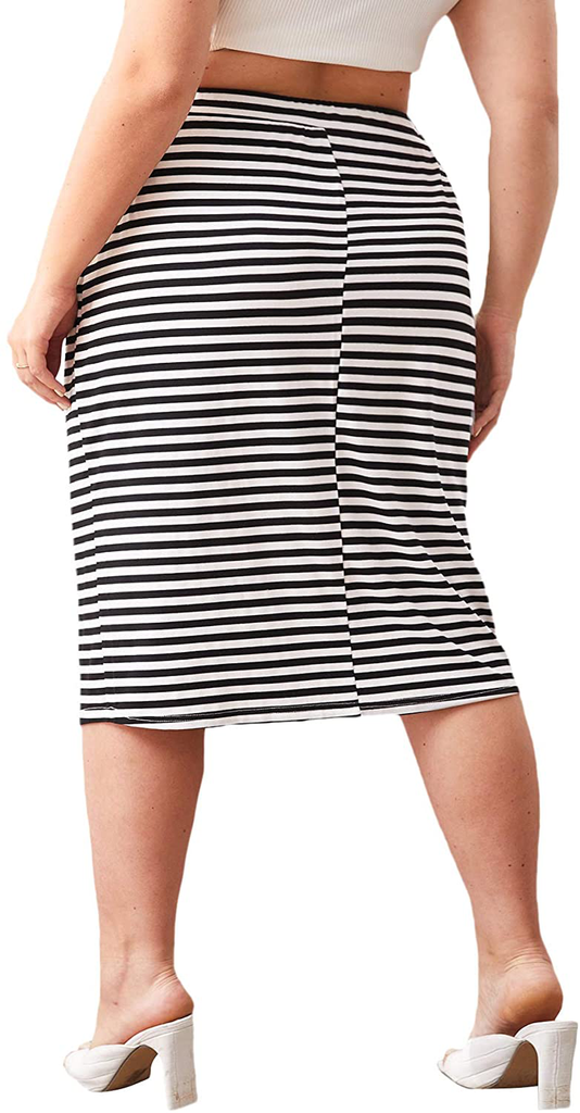 SheIn Women's Plus Striped Drawstring Waist Skirt Pockets Side Straight Midi Skirt