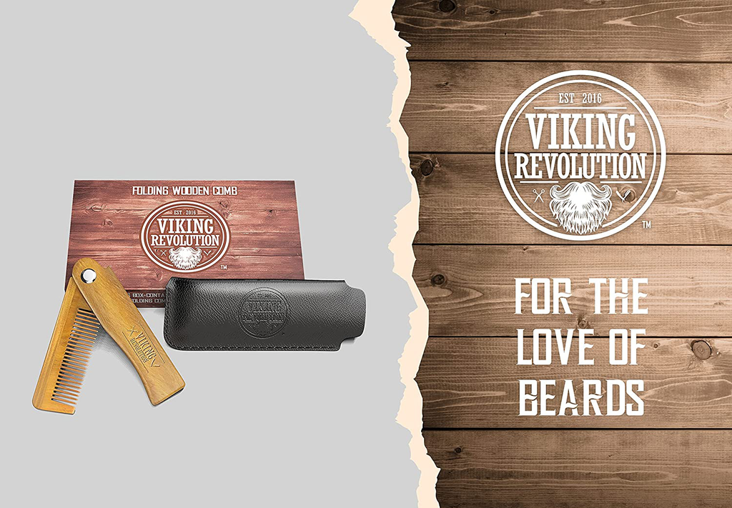 Folding Beard Comb W/Carrying Pouch for Men - All Natural Wooden Beard Comb W/Gift Box - Green Sandalwood Comb for Grooming & Combing Hair, Beards and Mustaches by Viking Revolution