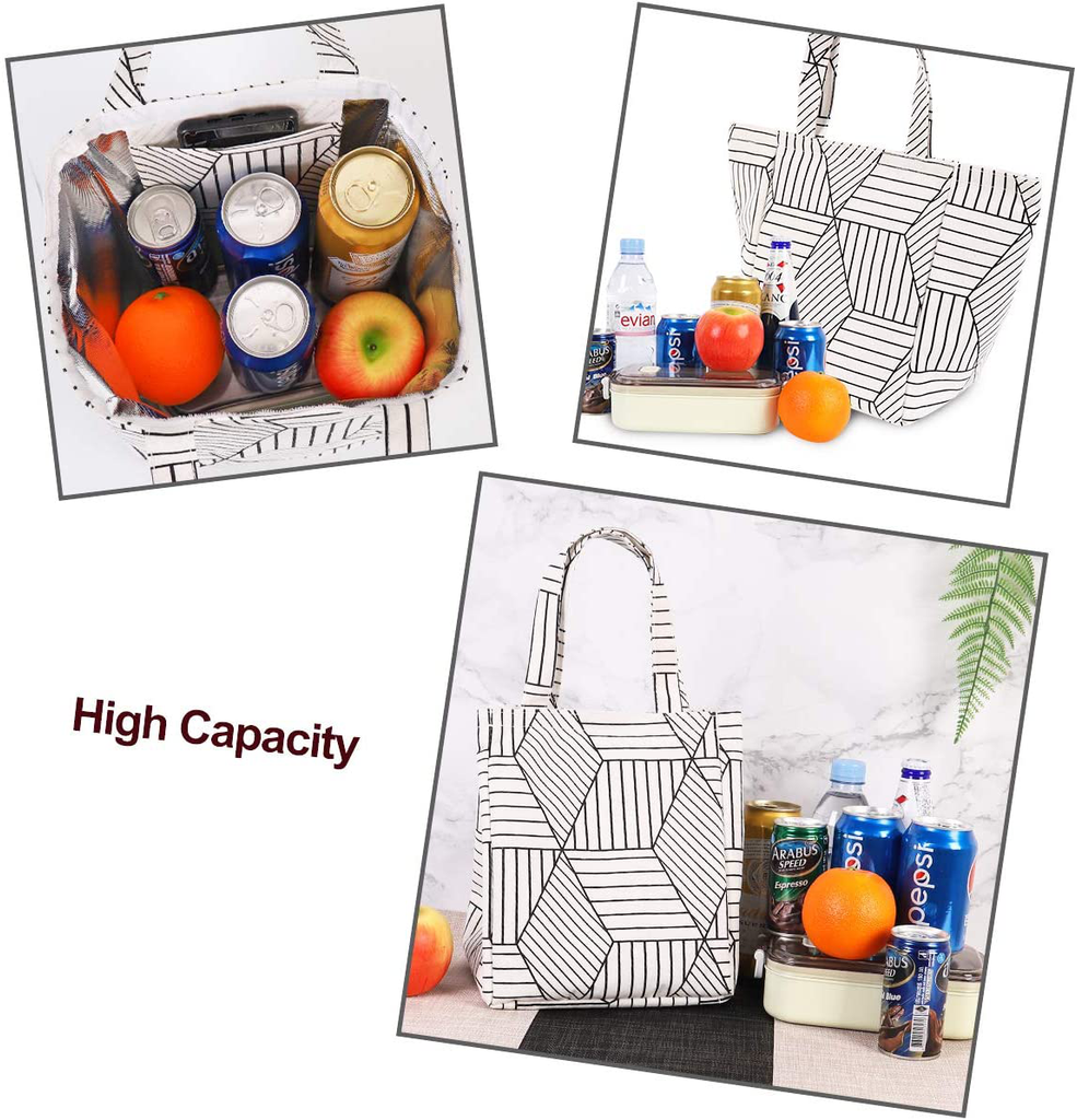 Buringer Insulated Lunch Bag with Inner Pocket Printed Canvas Fabric Reusable Cooler Tote Box for Ladies Woman Man School Work Picnic (Upgraded Grey Plaid Pattern)
