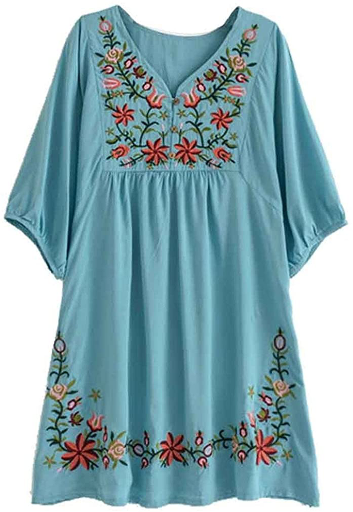 Kafeimali Summer Dress V Neck Mexican Embroidered Peasant Women's Dressy Tops Blouses