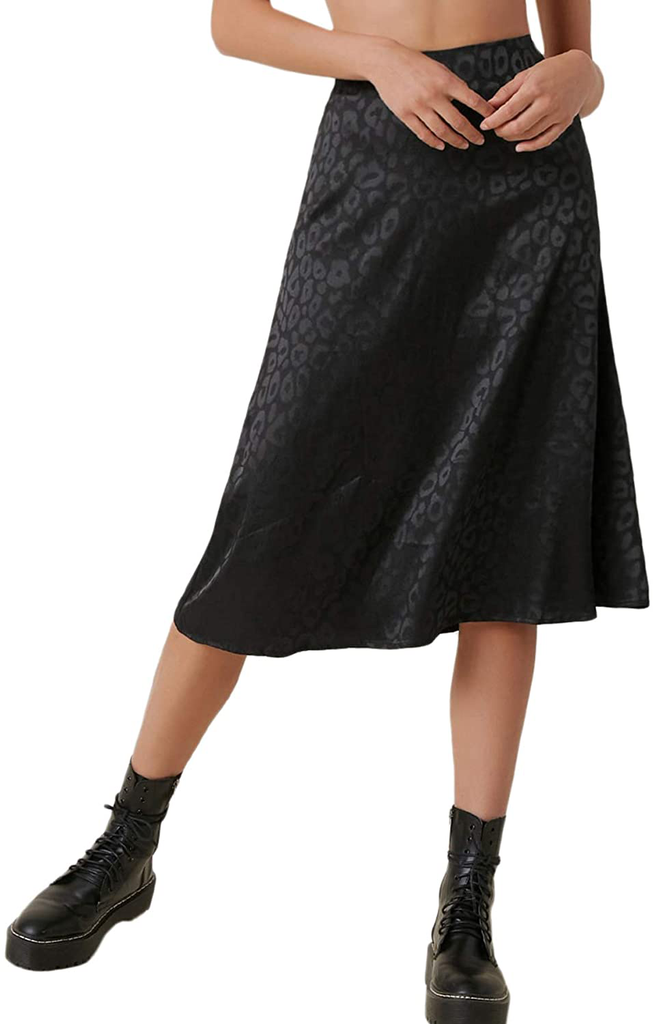 SOLY HUX Women's High Waist Silk Satin Flared A Line Midi Skirt