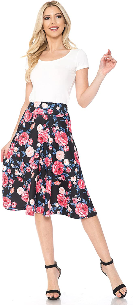 SSOULM Women's High Waist Flare A-Line Midi Skirt with Plus Size