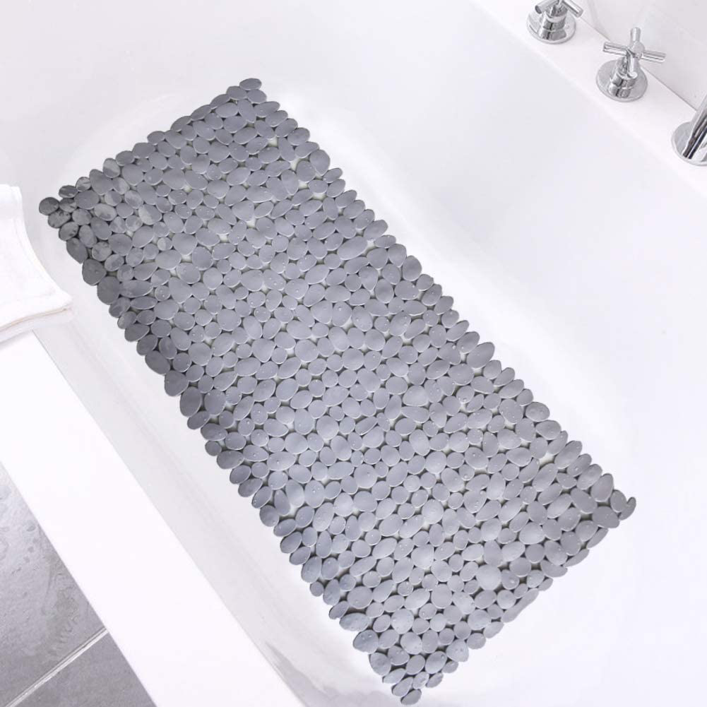 SONGZIMING Pebble Bath Mat 35x16 Inches for Bathtub to Non Slip in Shower with Drain Holes, Suction Cups (Grey)