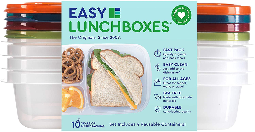 EasyLunchboxes - Bento Lunch Boxes - Reusable 3-Compartment Food Containers for School, Work, and Travel, Set of 4, (Pastels)