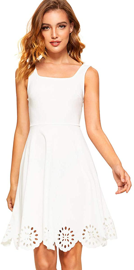 Romwe Women's A Line Swing Sleeveless Scalloped Flare Cocktail Party Dress