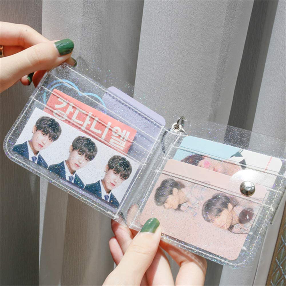 Clear Wallet Glitter Jelly Wallets Transparent Bifold Photocards Holder Lanyard Coin Pouch,Silver