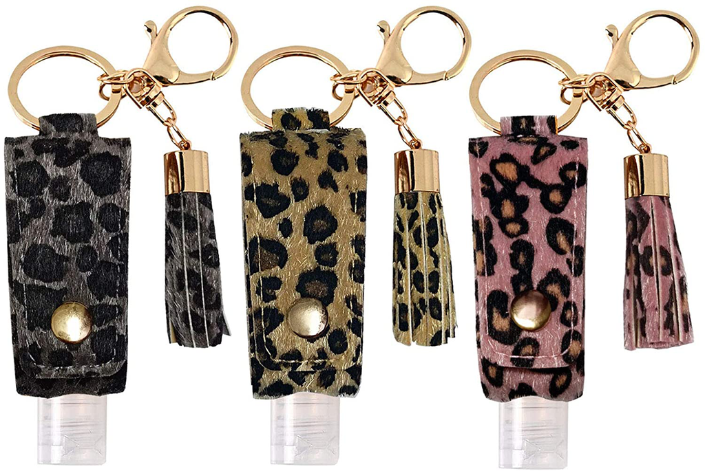 Portable Empty Travel Bottle Keychain Hand Sanitizer Bottle Holder 3 Pack 1Oz / 30Ml Small Squeeze Bottle Refillable Containers for Toiletry Shampoo Lotion Soap (Leopard Set)