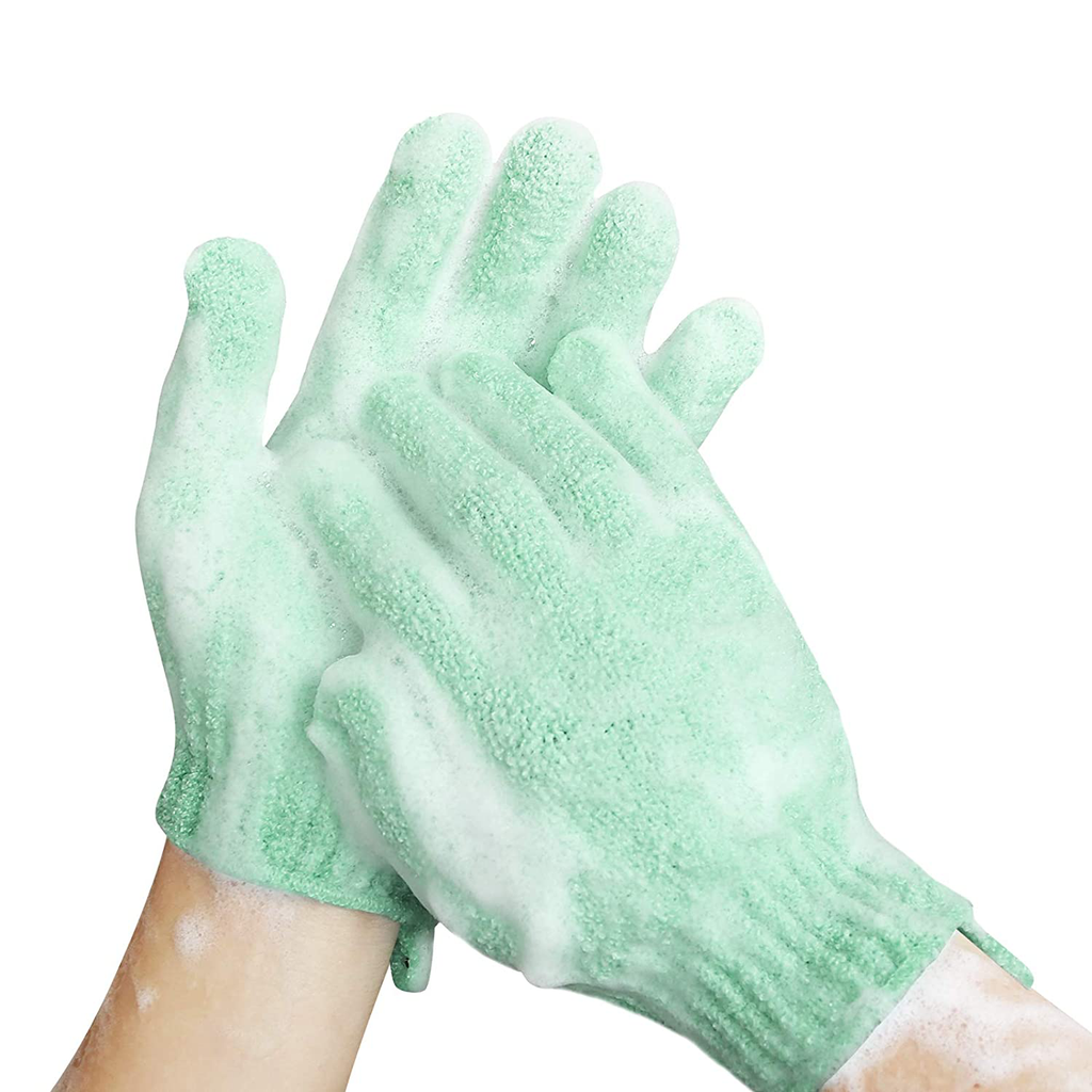 MIG4U Shower Exfoliating Scrub Gloves Medium to Heavy Bathing Gloves Body Wash Dead Skin Removal Deep Cleansing Sponge Loofah for Women and Men 1 Pair Light Green