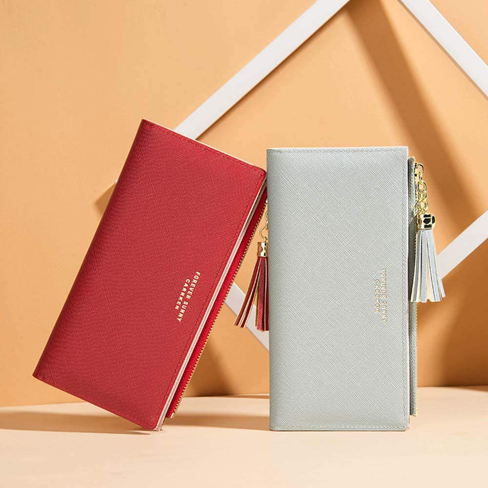 Slim Wallet for Women Long Tassel Zipper Clutch Purse Handbag Card Case Wallet (Blue)