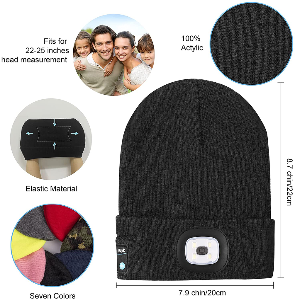 Keains Unisex Bluetooth Beanie with Headlight,Upgraded Musical Knitted Cap with Headphone and Built-In Stereo Speakers & Mic,Led Hat for Running Hiking,Chirstmas Gifts for Men Women