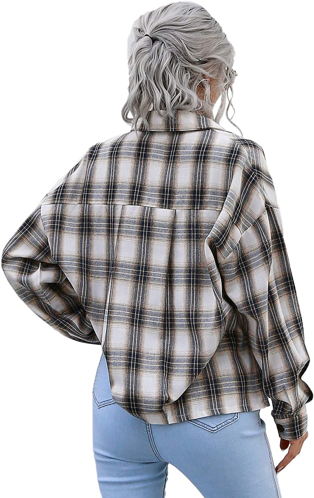 Verdusa Women's Drop Shoulder Button Front Plaid Overshirt Short Jacket