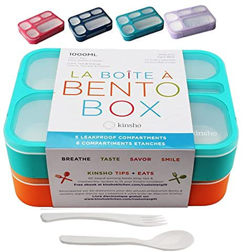 Bento Box for Kids, Lunch Boxes Snack Containers with 6 Compartments for School, Boy Girl Adults Leakproof BPA Free Teal + Orange 2 pack set