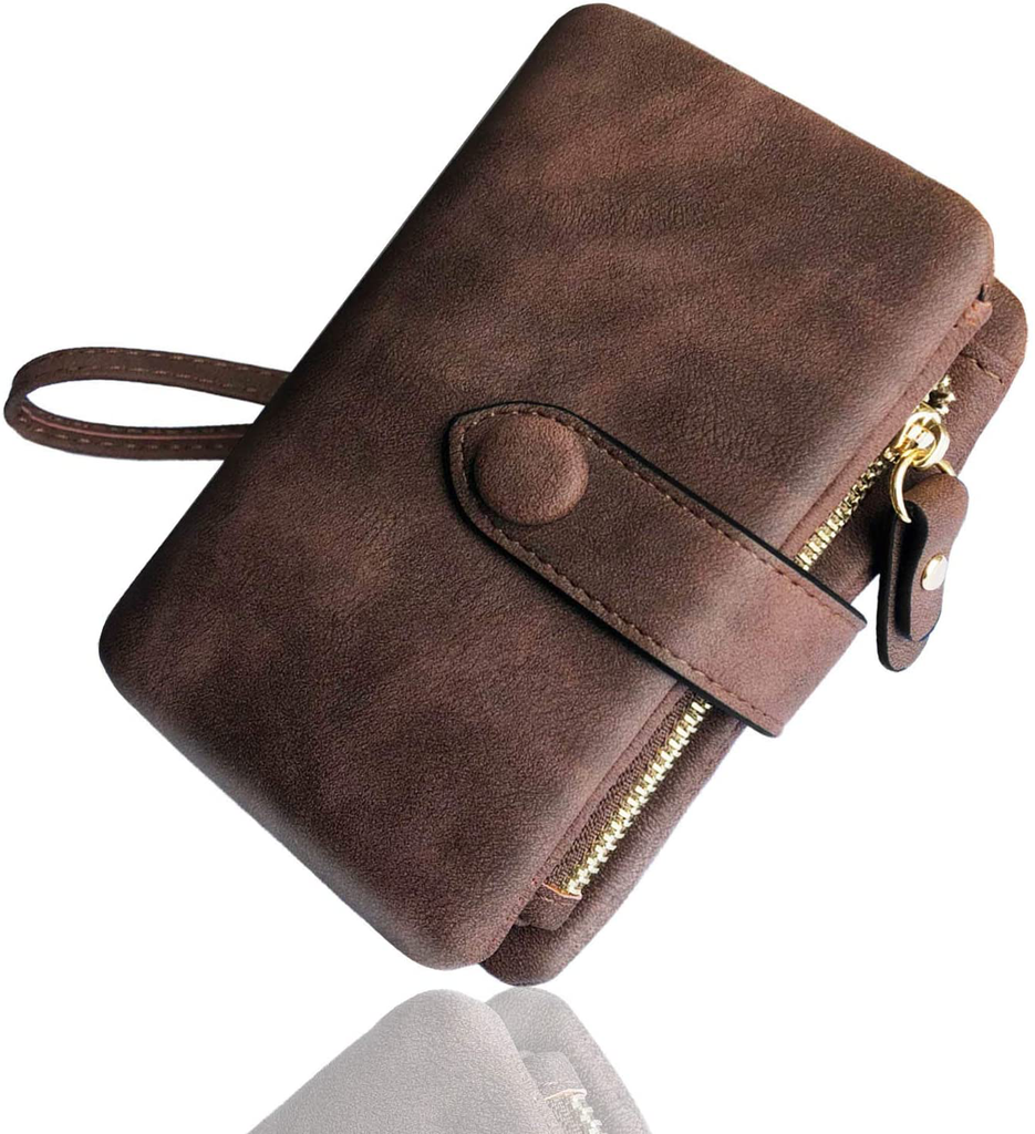 AOXONEL Women's Small Bifold Leather wallet Rfid blocking Ladies Wristlet with Card holder id window Coin Purse (Brown)