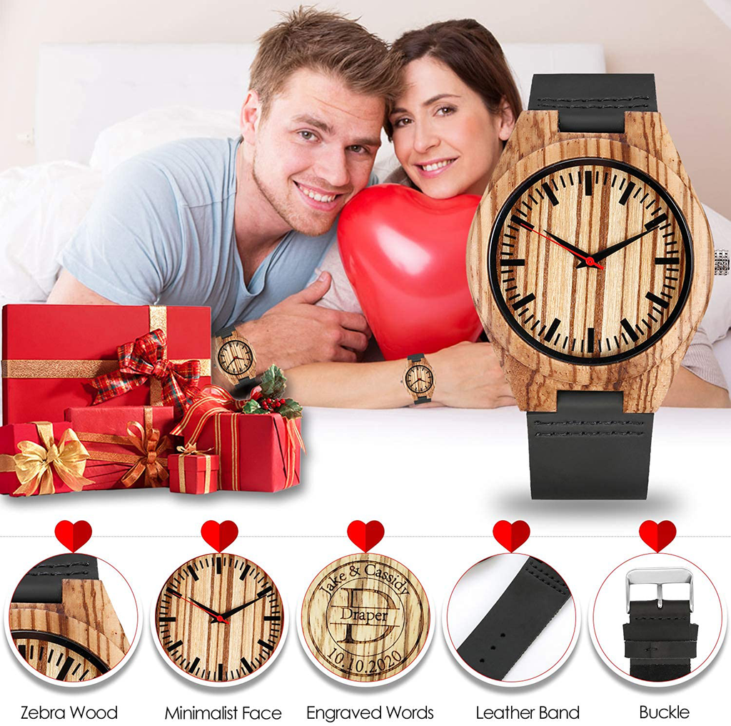 Personalized Gifts Customized Wood Watch for Men Women Husband Wife Groomsmen Birthday Wedding Anniversary Graduation Christmas
