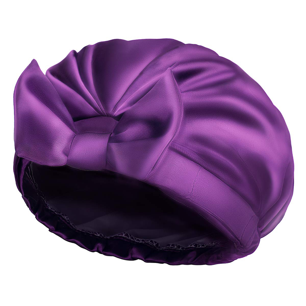 Auban Extra Large Shower Cap, Bowknot Double Layer Reusable Bath Hair Caps with Silky Satin for Women Beauty Bathing, Hair Spa, Home Hotel Travel Use (Purple)