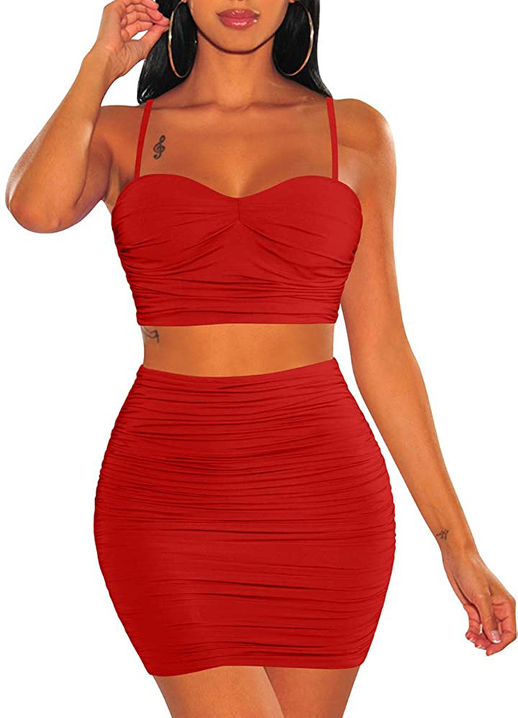 BEAGIMEG Women's Spaghetti Strap Sexy Top Bodycon Skirt Ruched 2 Piece Mini Dress