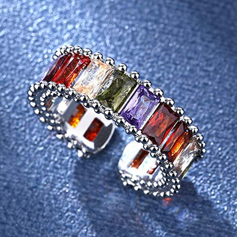 ZEINZE 2 Pcs Ajustable Rainbow Ring Set, Multicolor Open Wide Double Band Crown Stacking Dainty Cubic Zirconia Jewelry, Anniversary Birthday Gift for Her