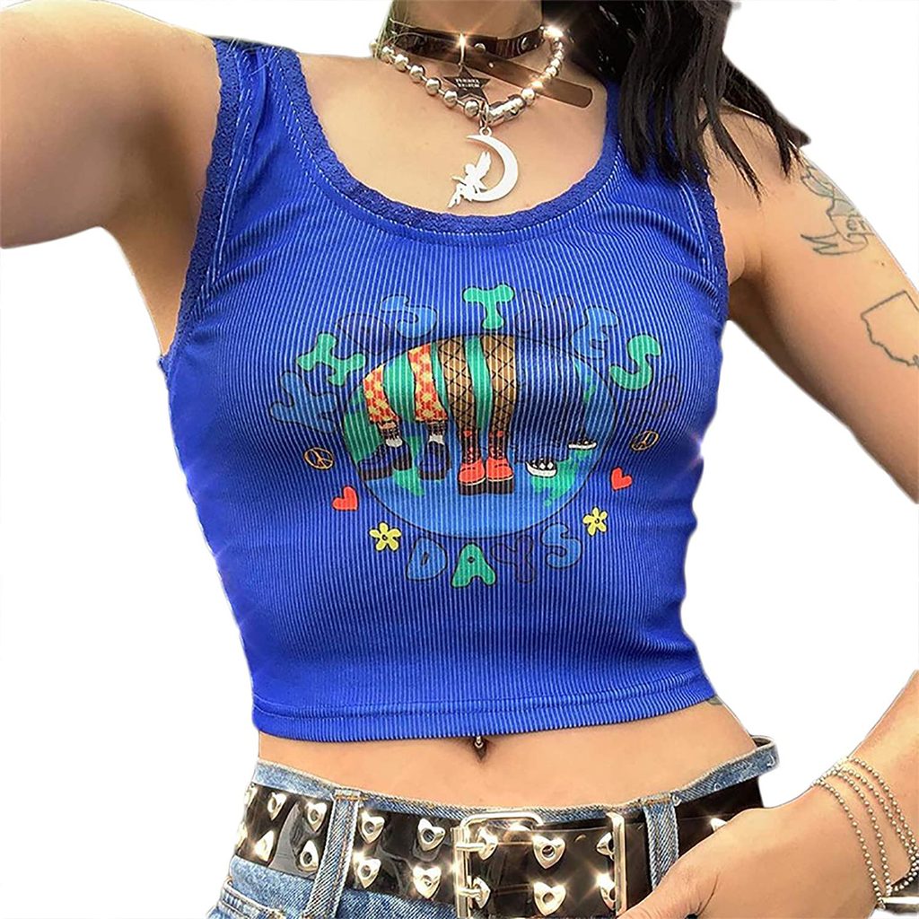 Women's Aesthetic Graphic Print Camisole Y2K Crop Top E-Girl Camis Vest Tee Shirt Top Girls Cute Tank Top Streetwear