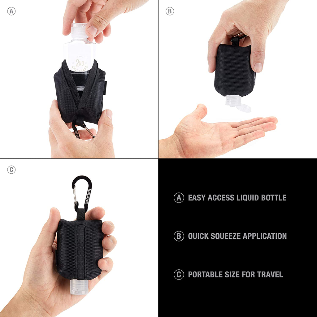 Travel Size Bottle Case, Hand Sanitizer Holder Carrier Bag - Portable Mini Waist Bag for Liquid Storage - Clip on Belt Loop, Backpack and Purse - Includes Empty Flip Cap 2 Oz. Reusable Bottle (Black)