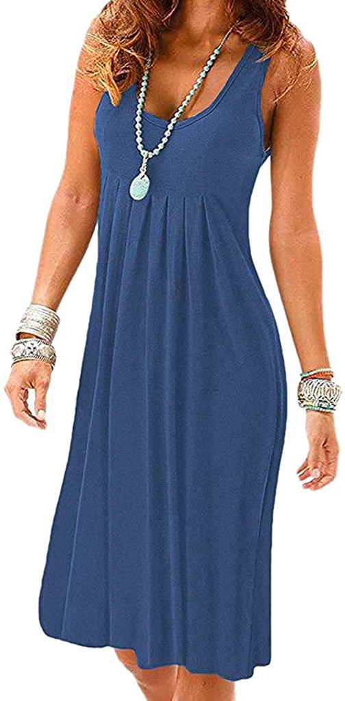 Camisunny Women Casual Loose Tank Dresses Sleeveless Beach Vacation Dress Swing Pleated U Neck Fashion Soft
