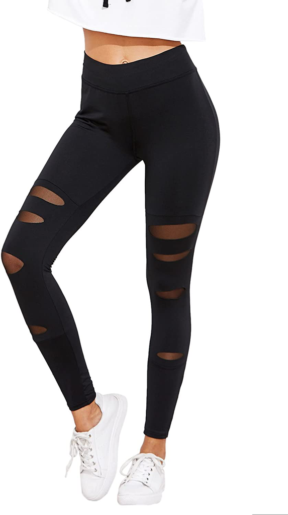 SweatyRocks Women's Legging Mesh Insert Ripped Tights Yoga Slim Pants