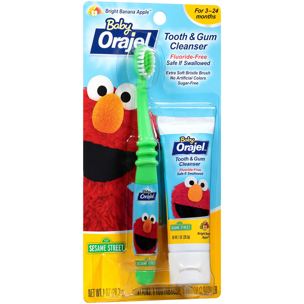 Orajel Elmo Fluoride-Free Tooth & Gum Cleanser 1.0 Oz. with Toothbrush, Banana Apple, 1 Oz.