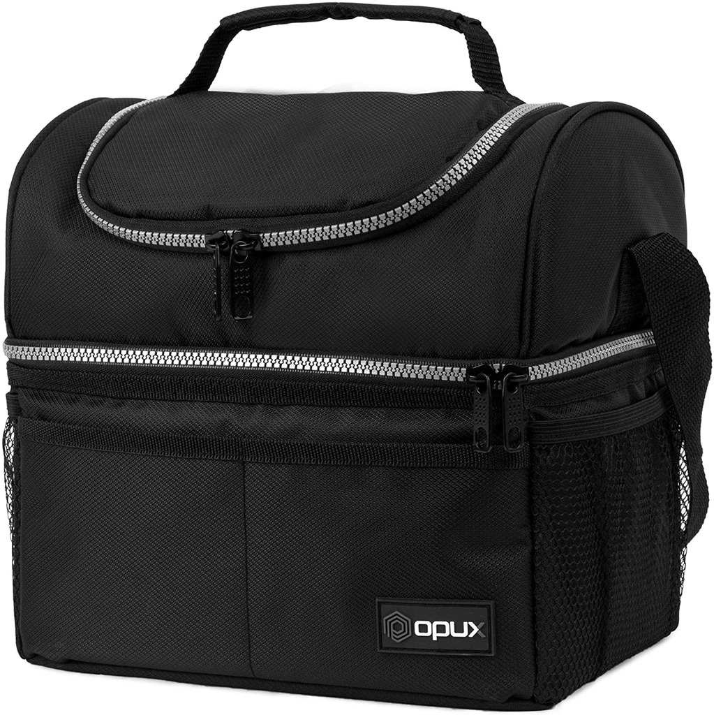 Insulated Dual Compartment Lunch Bag for Men, Women | Double Deck Reusable Lunch Box Cooler with Shoulder Strap, Leakproof Liner | Medium Lunch Pail for School, Work, Office (Black)