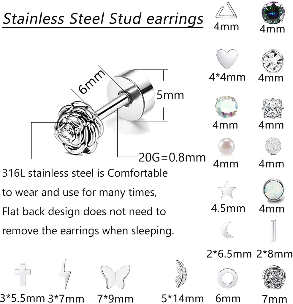 18 Pairs Stainless Steel Stud Earrings Set for Women Men Star Moon flower Heart Leaf Opal 20G Cartilage Earrings Hypoallergenic Flatback Earrings Piercing Jewelry