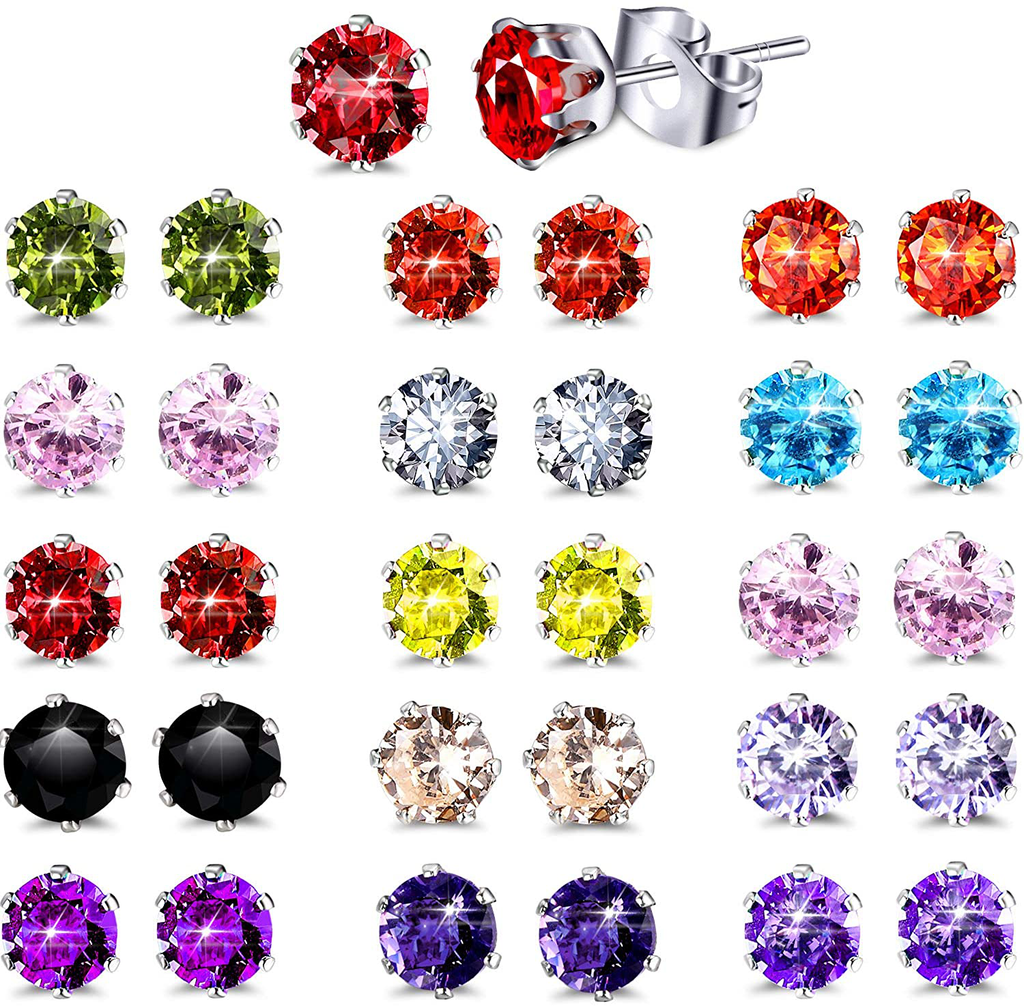 15 Pairs CZ Stud Earings Set Womens Jewelry Stainless Steel Earrings for Women