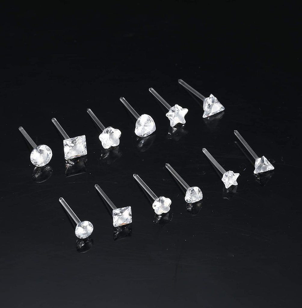 Jstyle 12Pairs Clear Plastic Stud Earrings for Women Acrylic Post Star Heart Rhinestone Ear Studs Piercing Retainers