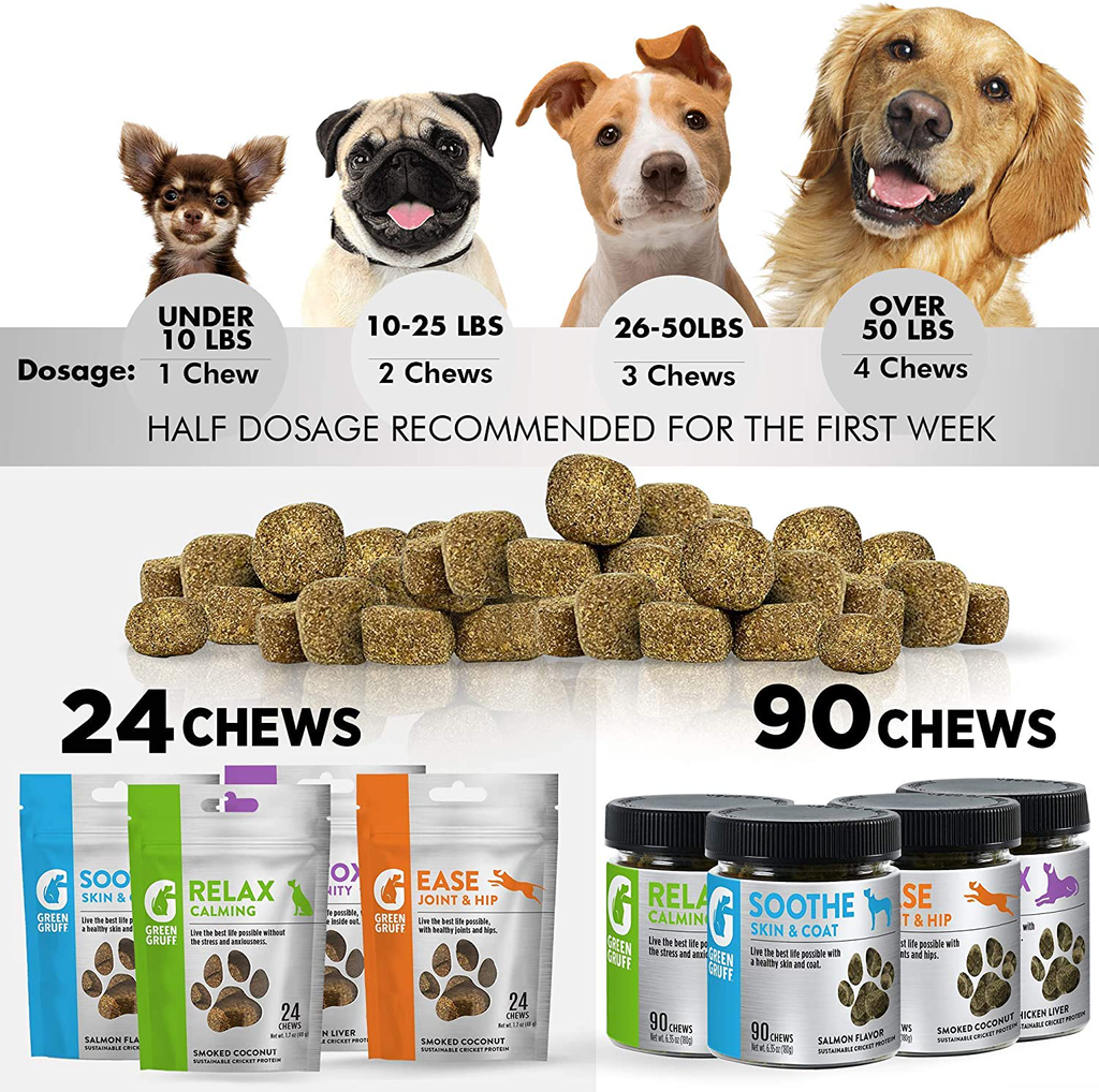 Green Gruff Dog Skin and Coat Supplement - Organic Dog Allergy Chews – Dry Skin, Shedding, Dog Itch Relief – Dog Omega 3 Supplement – Made in USA, Protein-Rich – Anti Itch for Dogs - 90 Chews