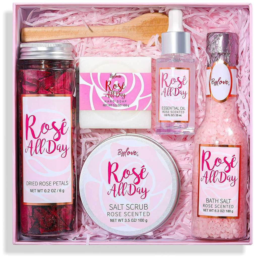 Spa Gifts for Women, Bath Gift Set with Rose Scent Gift Baskets for Women, Spa Kit Include Essential Oil, Bath Salt, Salt Scrub, Soap, Bath Petals, Christmas Gift Box for Her, 5 Pcs Spa Set