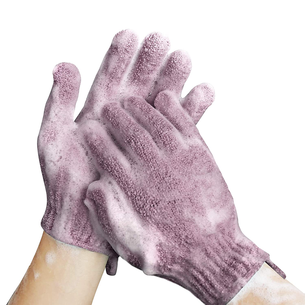 MIG4U Shower Exfoliating Scrub Gloves Medium to Heavy Bathing Gloves Body Wash Dead Skin Removal Deep Cleansing Sponge Loofah for Women and Men (1 Pair, Purple-Brown)