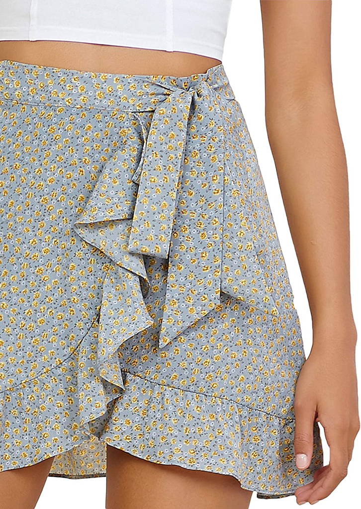 SheIn Women's Floral High Waist Ruffle Trim Wrap Tie Side A Line Short Mini Skirt