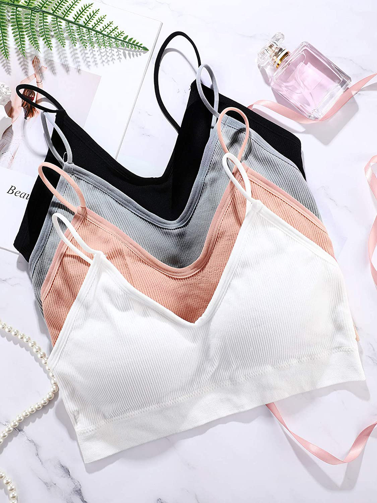 4 Pieces V Neck Cami Bra Padded Seamless Bralette Straps Sleeping Bra for Women Girls