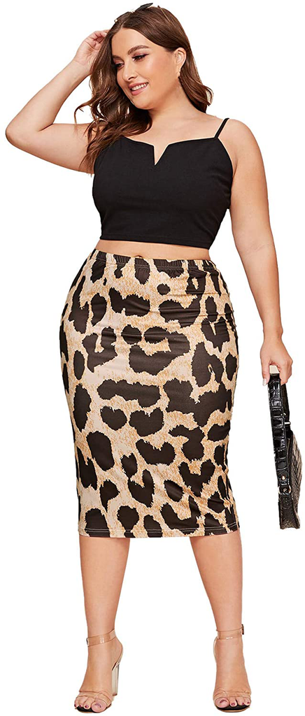 SheIn Women's Plus Below Knee Plaid Print Stretch Bodycon Midi Office Pencil Skirt