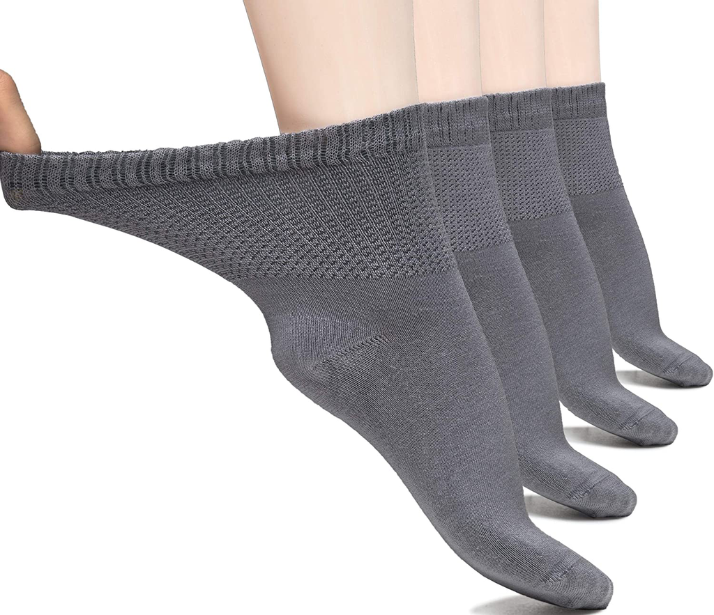 Hugh Ugoli Women's Loose Diabetic Ankle Socks, Bamboo, Wide, Thin, Seamless Toe and Non-Binding Top, 4 Pairs