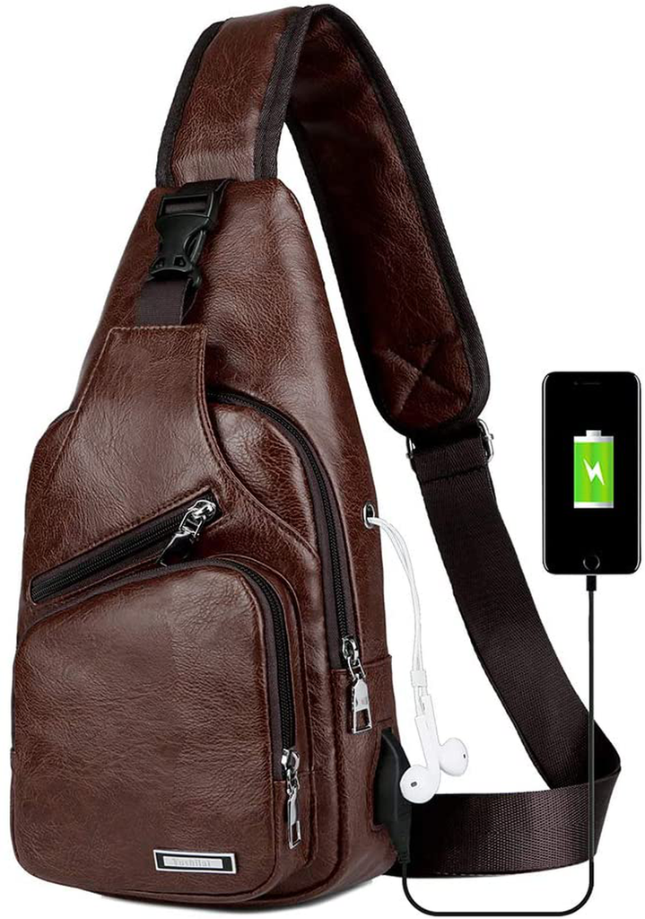 Peicees Leather Sling Bag w/ USB Charge Chest Crossbody Backpack Daypack for Men