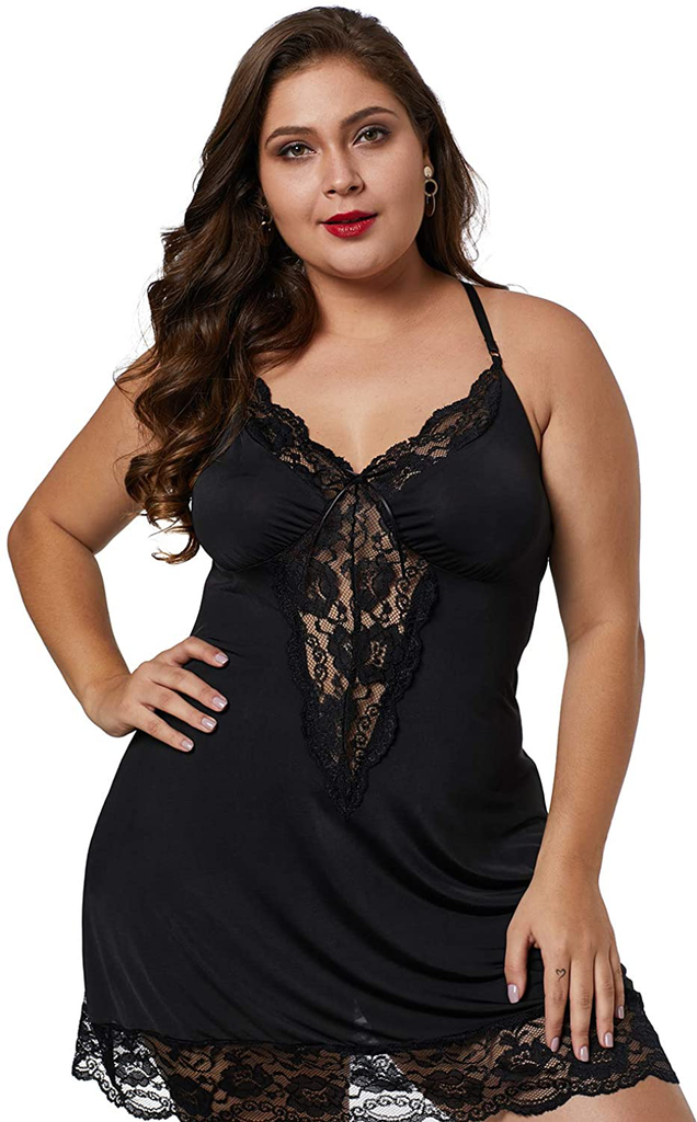 XAKALAKA Women Plus Size Babydoll Lingerie Back Crisscross Lace Trim Chemise Sleepwear