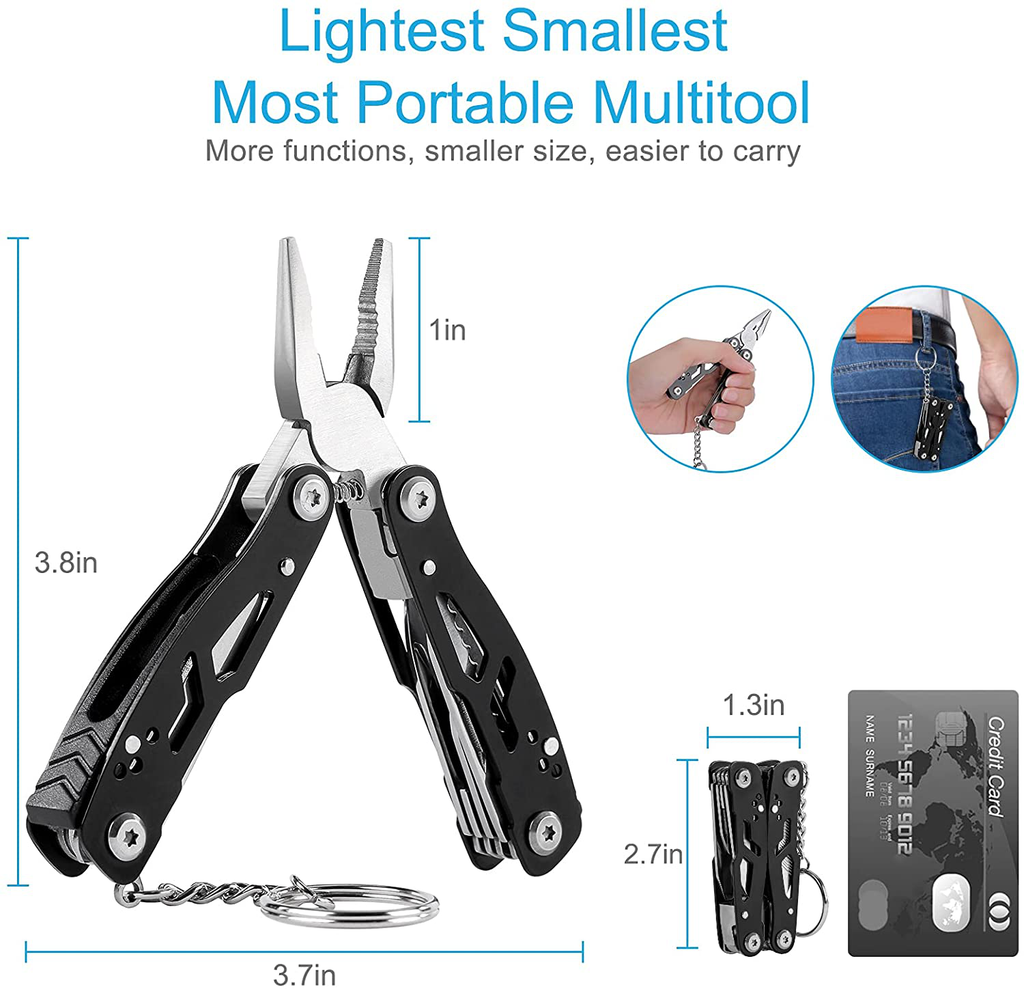 Bovgero 15-In-1 Mini Multitool Pliers with Keychain Glass Breaker, Premium Hard Stainless Steel Knives for Men, Portable Survival Fishing Camping Multi Tool Plier Knife, Black