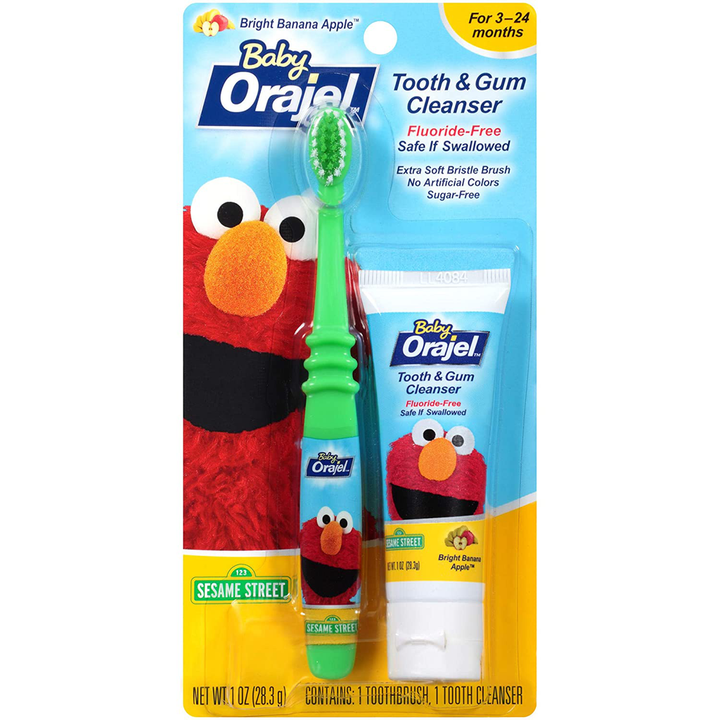 Orajel Elmo Fluoride-Free Tooth & Gum Cleanser 1.0 Oz. with Toothbrush, Banana Apple, 1 Oz.