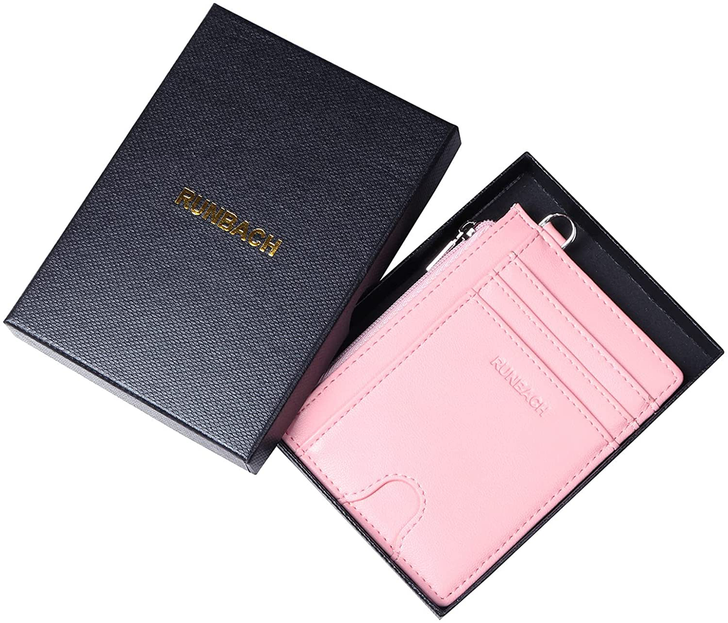 RUNBACH Slim Wallet,Minimalist Thin Front Pocket Leather Wallet,RFID Blocking Secure Card Holder With Zipper and D buckle for Men Women,Gift-Boxed (Light Pink)