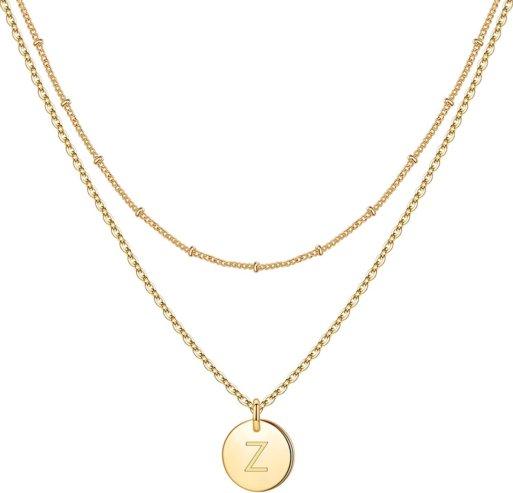 IEFWELL Gold Initial Necklaces for Women,14K Gold Filled Double Side Engraved Hammered Gold Coin Necklaces for Women Initial Necklace Layered Initial Necklaces for Women Teen Girl Jewelry